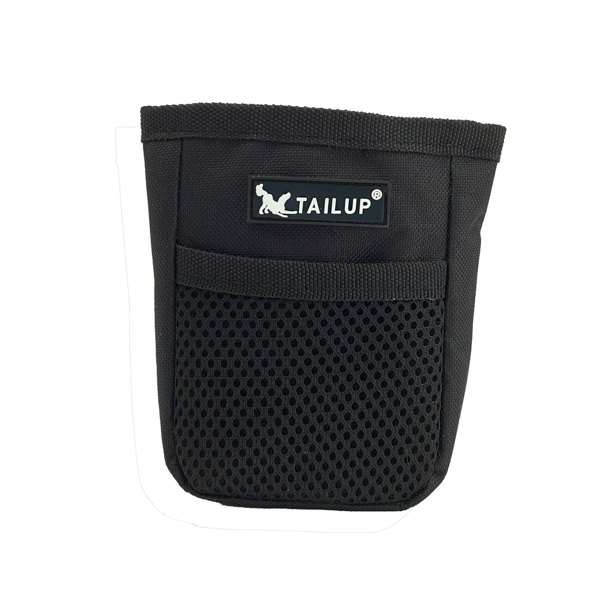 Black fabric pouch for pet training treats with a mesh window and a brand logo