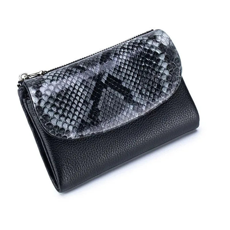 A black genuine leather mini card holder wallet featuring a textured, snakeskin-like pattern.