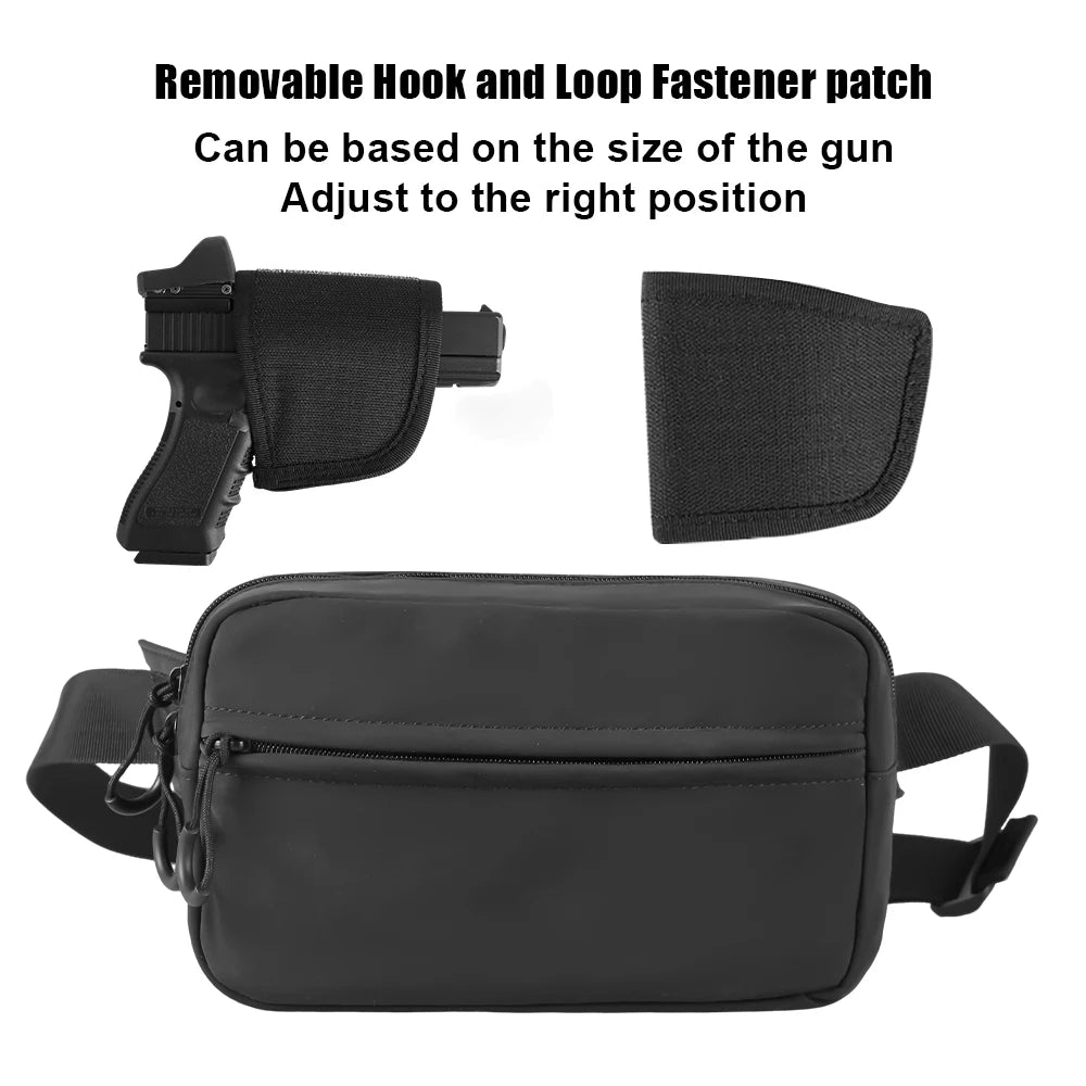 Black tactical concealed carry fanny pack with a removable hook and loop fastener patch