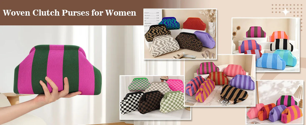 A collection of woven clutch purses in various colors and patterns, including striped knit bags.