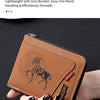 A brown leather card clip wallet featuring a detailed horse silhouette design is held in a person's hand.