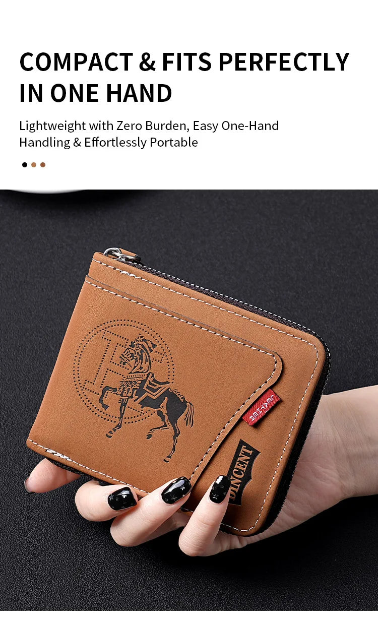 A brown leather card clip wallet featuring a detailed horse silhouette design is held in a person's hand.