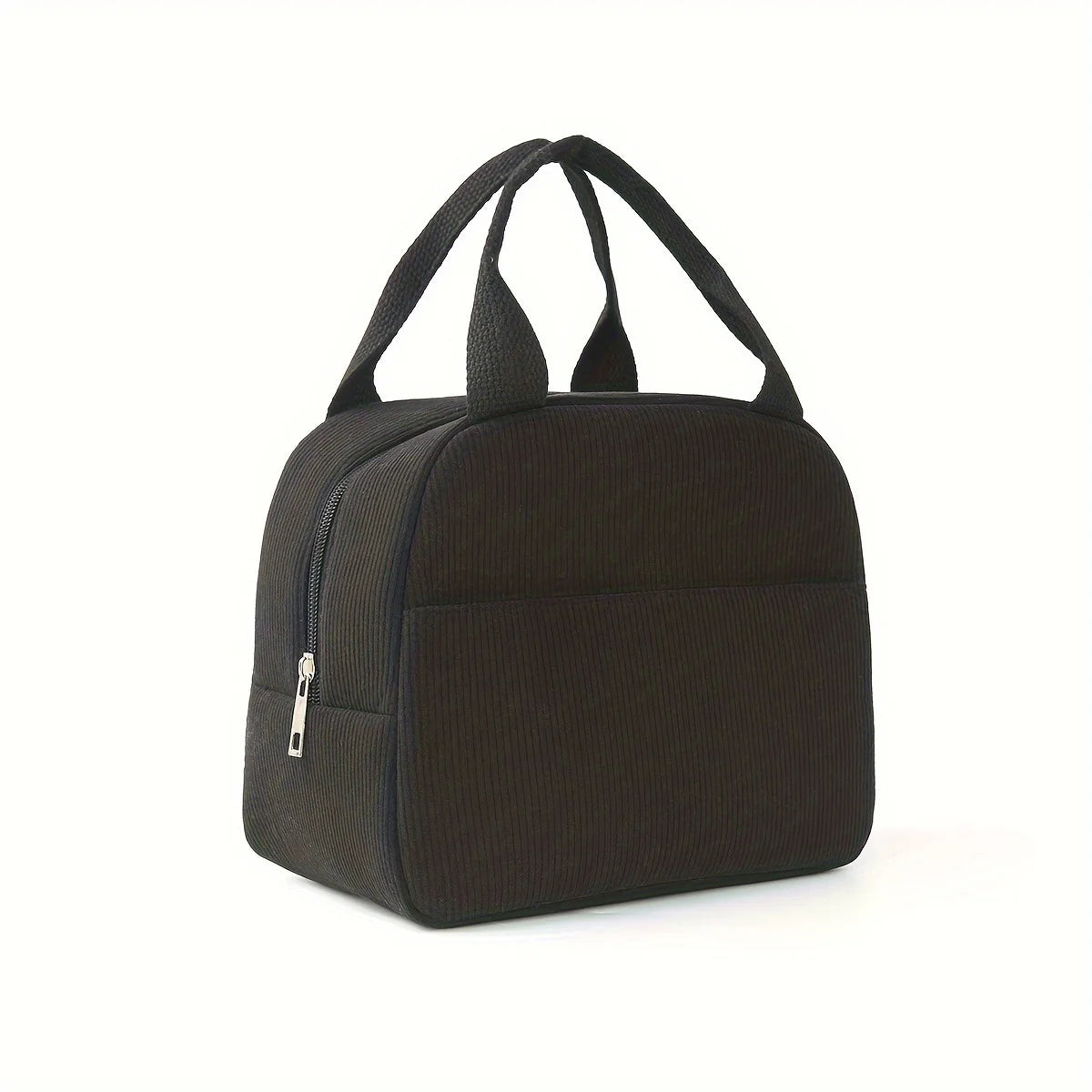 A black reusable thermal insulated bento bag with a zippered compartment and carrying handles.
