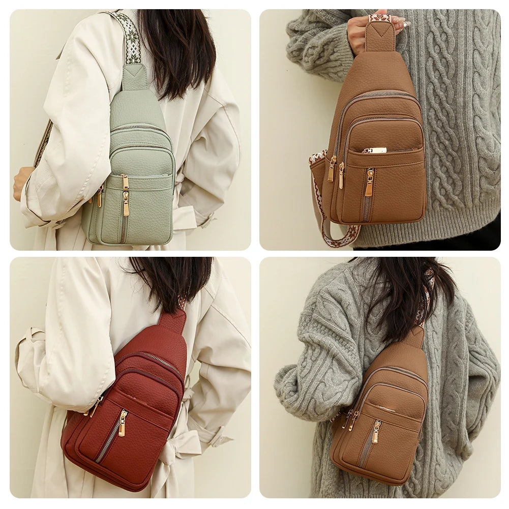A woman models a brown leather crossbody chest bag in various shades and styles against a light background.