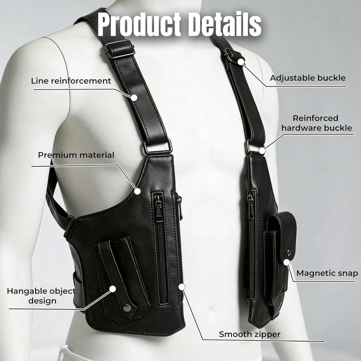 A black leather crossbody bag is displayed on a mannequin, showing details like line reinforcement and an adjustable buckle.