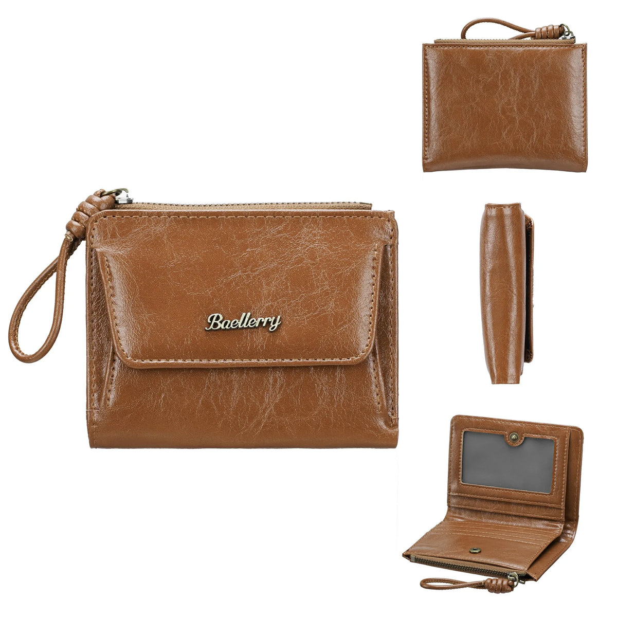 A brown leather mini wallet with a pendant and a matching card holder is shown in various views.