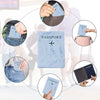 Various views of a vintage letter print passport card holder being held and displayed.