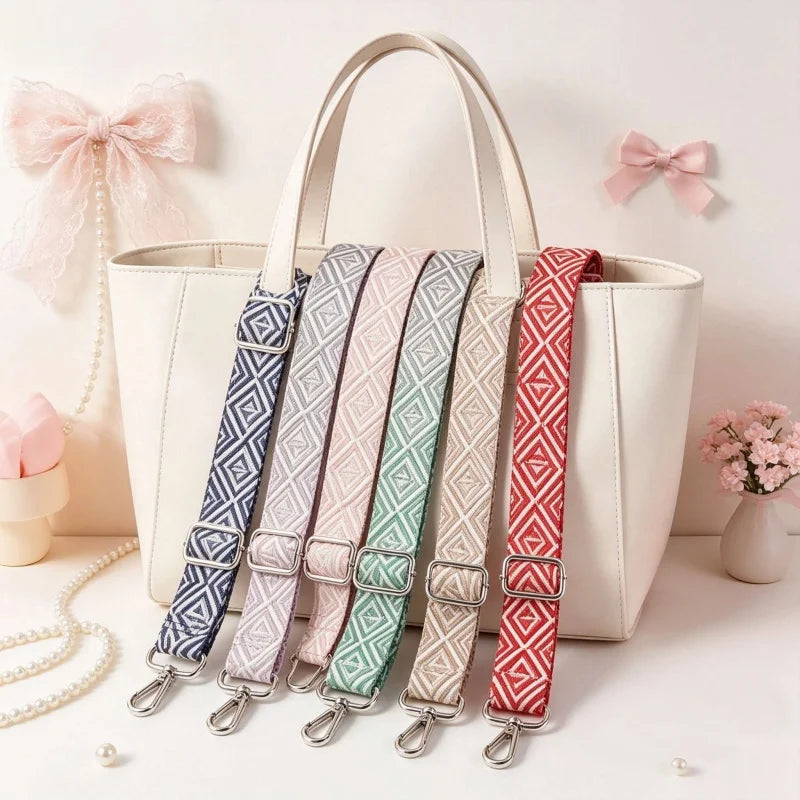 A beige tote bag with multiple adjustable nylon shoulder straps in various patterns and colors