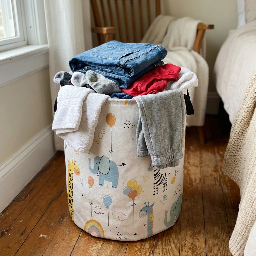 A light-colored canvas laundry basket filled with folded blue and red clothing and various towels.