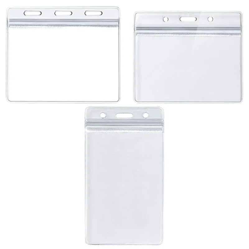 A set of five transparent vinyl ID card holder sleeves displayed side by side.