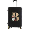 Black premium elastic luggage protective cover with gold lettering and floral accents.