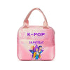 Pink insulated backpack featuring a K-Pop design with characters and text