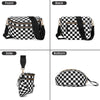 A black and white checkered nylon crossbody bag shown from the front, back, side, and bottom views.