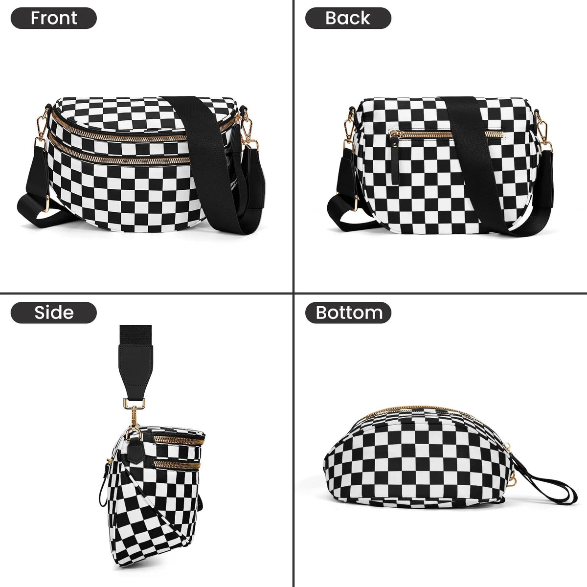 A black and white checkered nylon crossbody bag shown from the front, back, side, and bottom views.