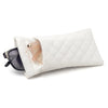 A white quilted storage bag for glasses, with a pair of light brown-framed glasses resting inside.