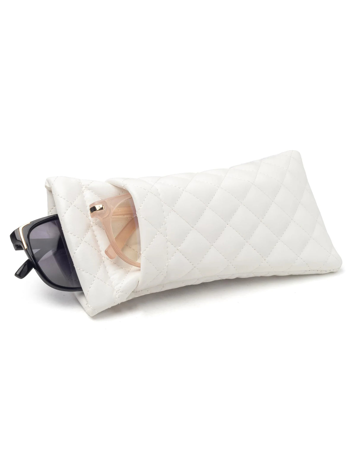 A white quilted storage bag for glasses, with a pair of light brown-framed glasses resting inside.