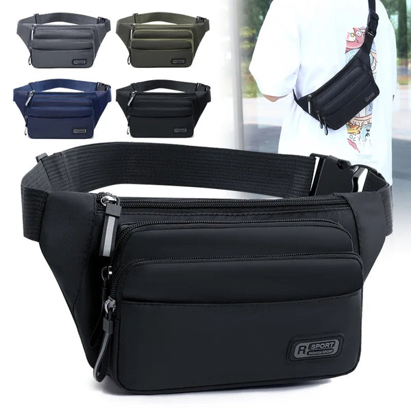 Black waterproof fanny pack shown with various color options and a person wearing it.