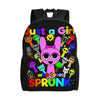 A black backpack featuring a colorful illustration of a girl with sprunk characters.