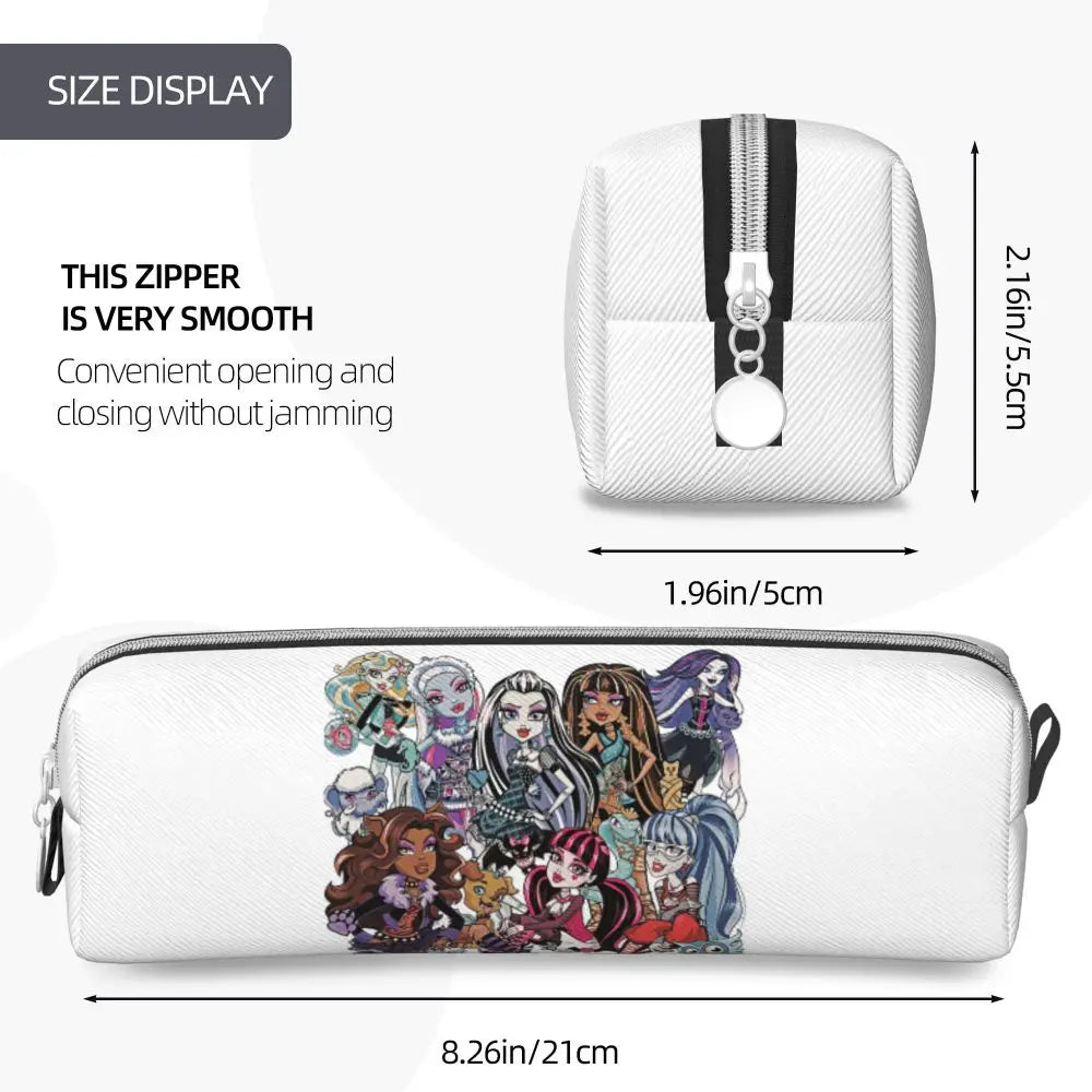 White elegant leather pencil case featuring a colorful illustration of various female characters