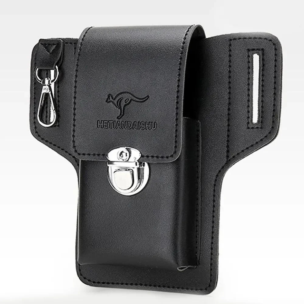 Black vintage leather waist bag with a belt clip for holding a phone and essentials.