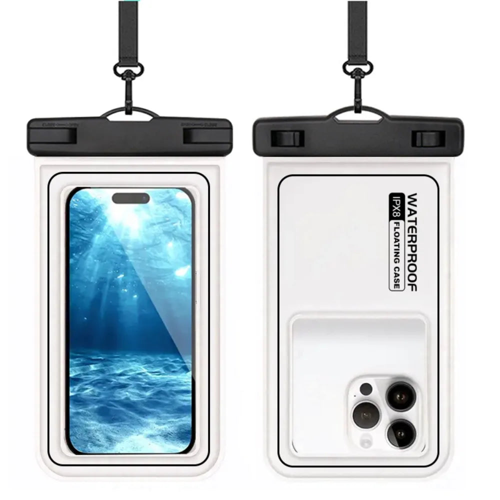 A white waterproof phone case with a black strap is shown, featuring a clear view of the phone.