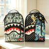 A black and white hip-hop street style backpack with a crocodile pattern and gold accents sits on a white surface.