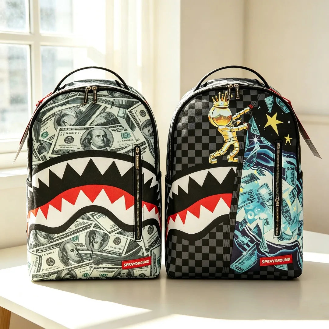 A black and white hip-hop street style backpack with a crocodile pattern and gold accents sits on a white surface.