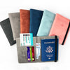 Eine Kollektion multifunktionaler PU-Pass- und ID-Wallet-Cover in verschiedenen Farben wie Braun, Grau, Blau und Pink.