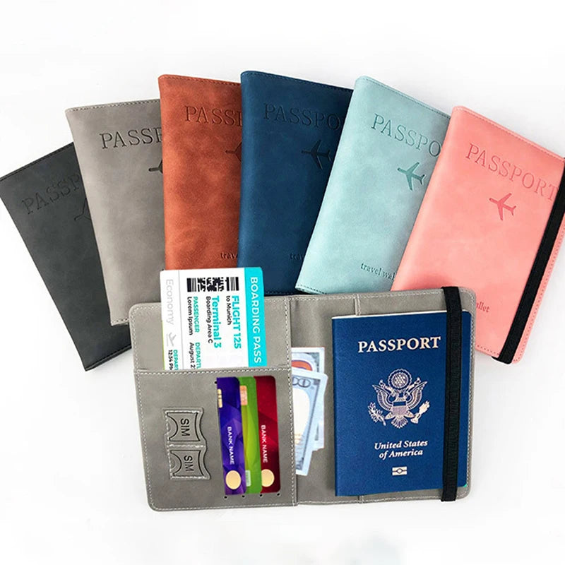 Eine Kollektion multifunktionaler PU-Pass- und ID-Wallet-Cover in verschiedenen Farben wie Braun, Grau, Blau und Pink.