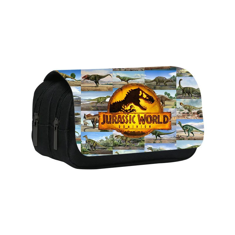 A black pencil case featuring a collage of Jurassic World dinosaur images.