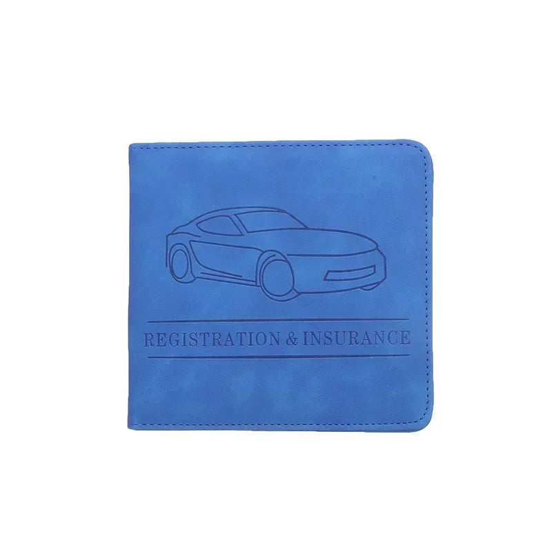 A blue PU leather glove box wallet organizer for registration and insurance documents.