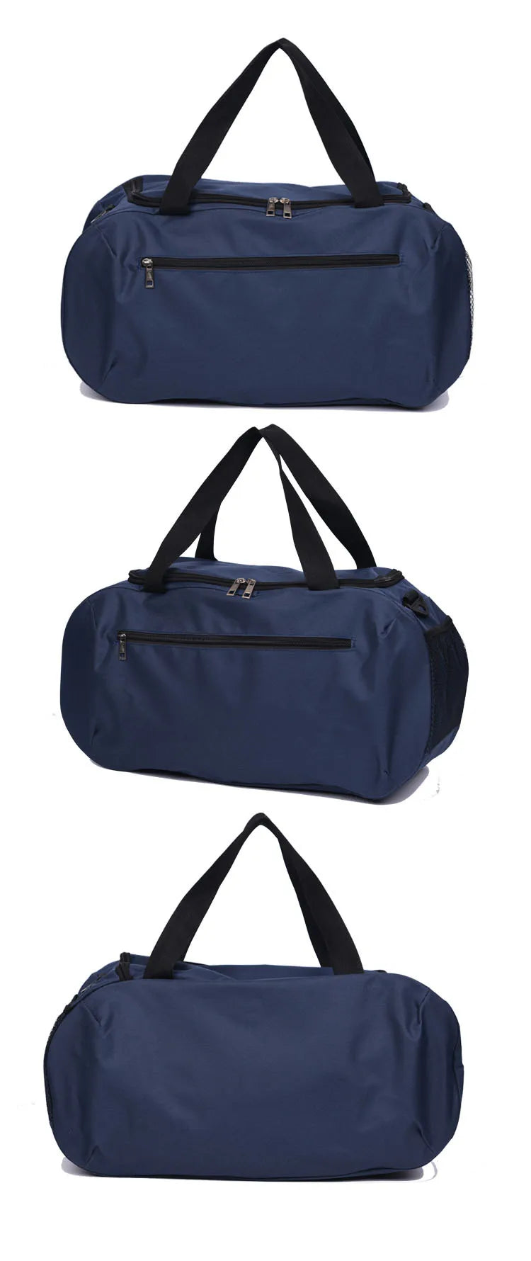 Navy waterproof sports duffel bag with black handles shown from the front.