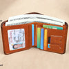 A brown genuine leather wallet is shown open, displaying multiple card slots and a transparent card slot, with various cards 