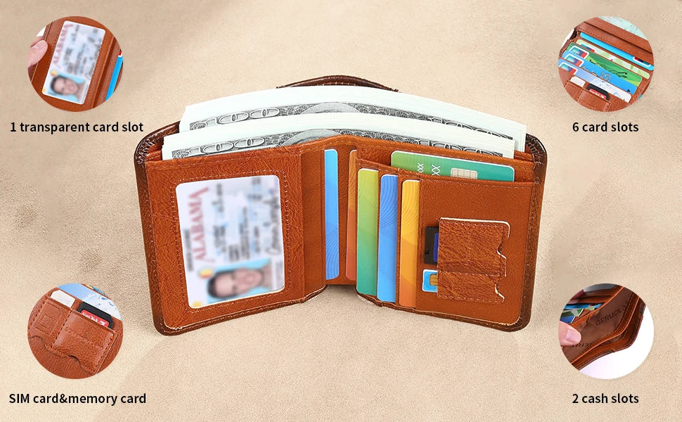 A brown genuine leather wallet is shown open, displaying multiple card slots and a transparent card slot, with various cards 