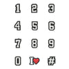 A set of decorative shoe charms and pins shaped like numbers 1 through 9 and the letter I with a heart and a hash symbol.