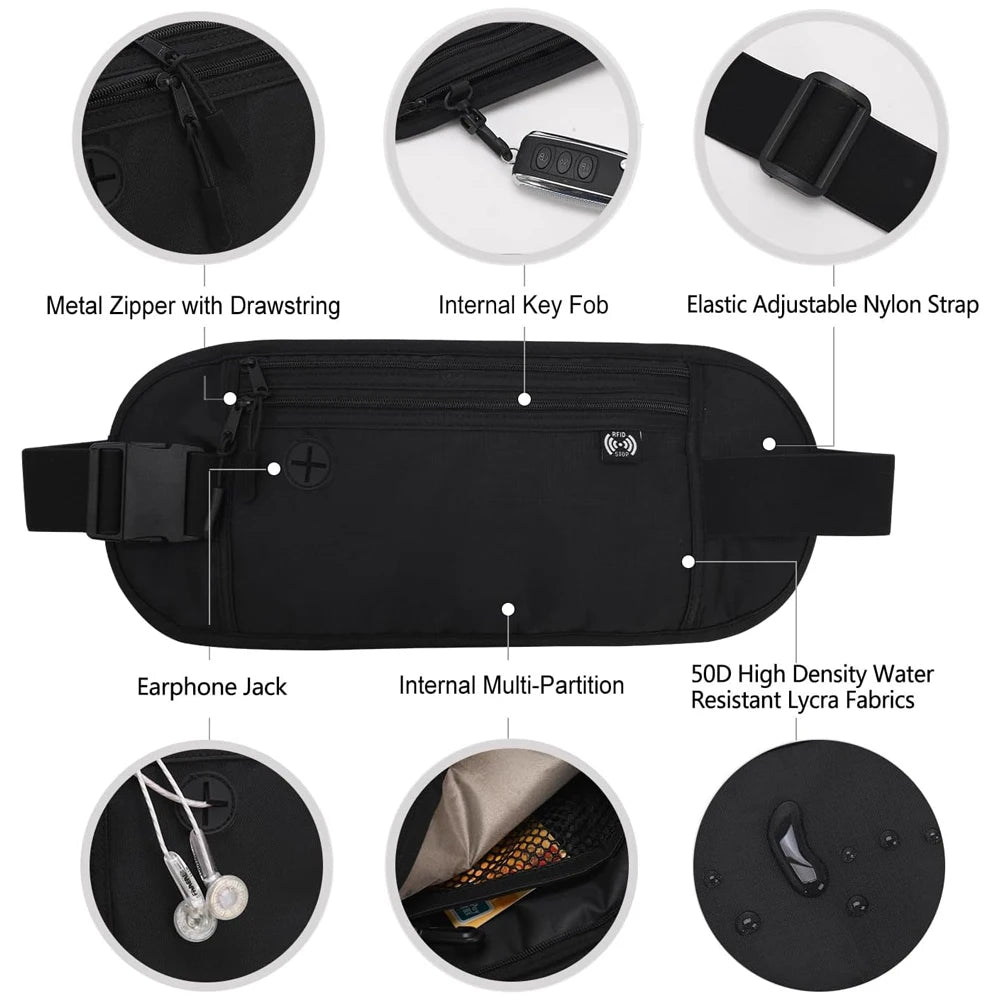 Black RFID blocking anti-theft money belt featuring a metal zipper, key fob, earphone jack, and durable fabric.