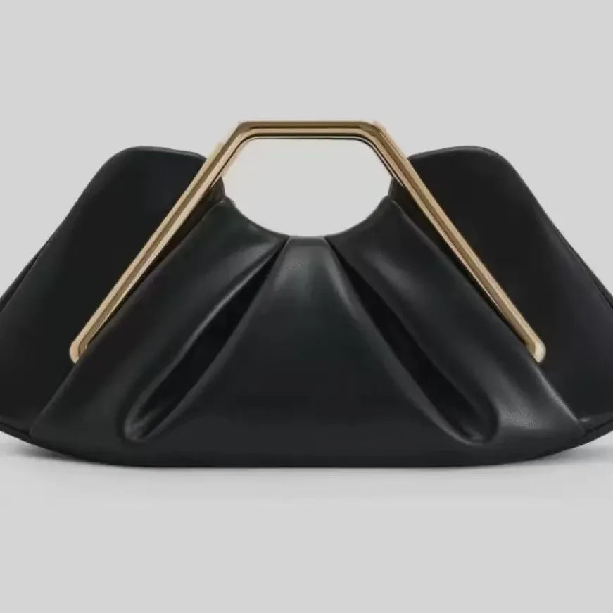 A black soft PU leather crossbody bag with a gold-toned hardware detail.