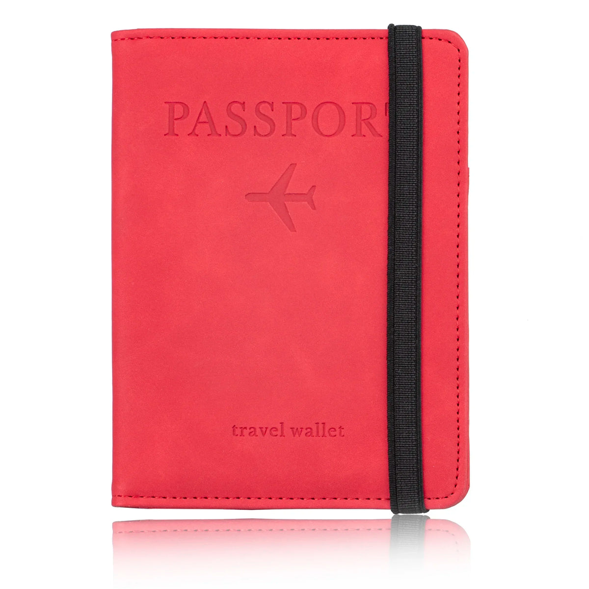 A red leather passport wallet with a black strap, featuring the words 'PASSPORT' and 'travel wallet'.