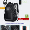 A black laptop backpack demonstrating three steps for external USB charging of a mobile phone.