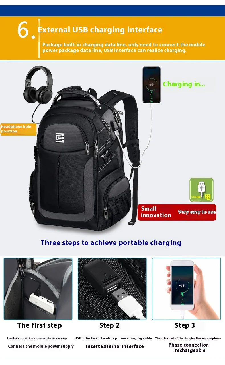 A black laptop backpack demonstrating three steps for external USB charging of a mobile phone.