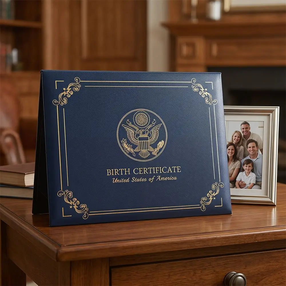 A dark blue elegant birth certificate holder with gold trim and an eagle emblem resting on a wooden surface.