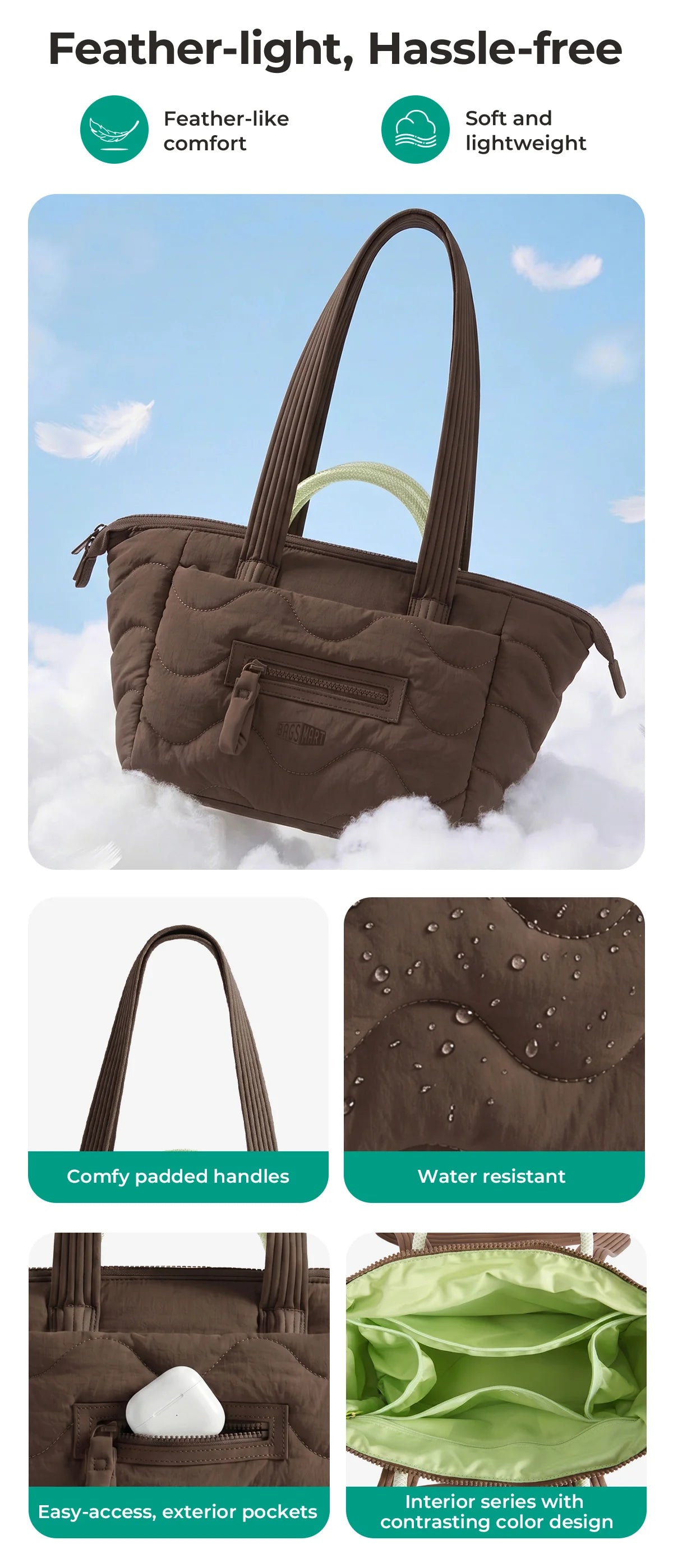 A brown quilted tote bag with padded handles and a detachable strap shown against a cloudy background.