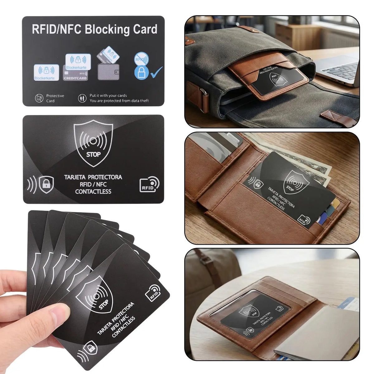 Various RFID blocking cards shown in various forms including wallets and leather pouches