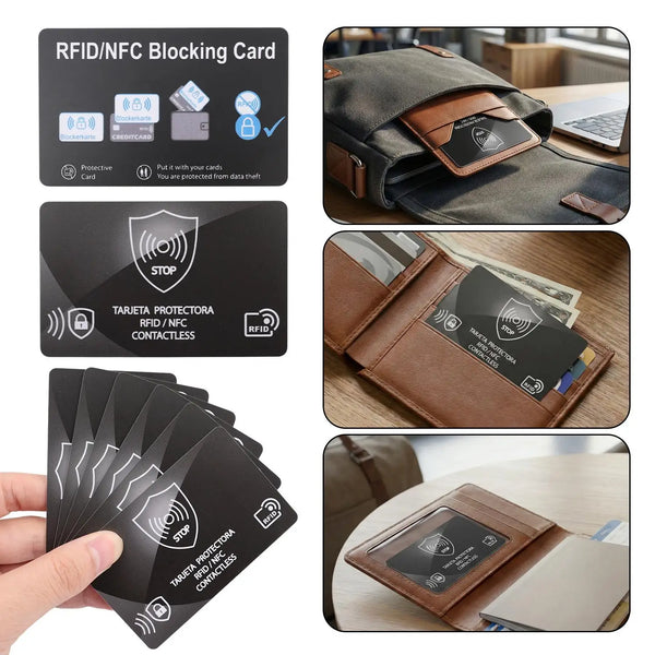 Various RFID blocking cards shown in various forms including wallets and leather pouches