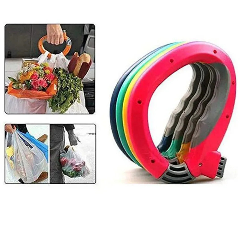 A pink and multi-colored D-Type portable grocery bag carrier with a handle, shown in use for carrying produce.