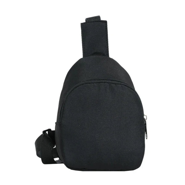 Black nylon crossbody bag for kids with a strap and zipper.