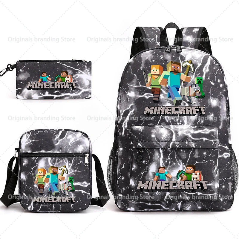 A black Minecraft themed backpack featuring pixel art characters and a matching pouch.