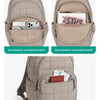 A beige quilted backpack showing accessory and document compartments, featuring a quick-grab design.
