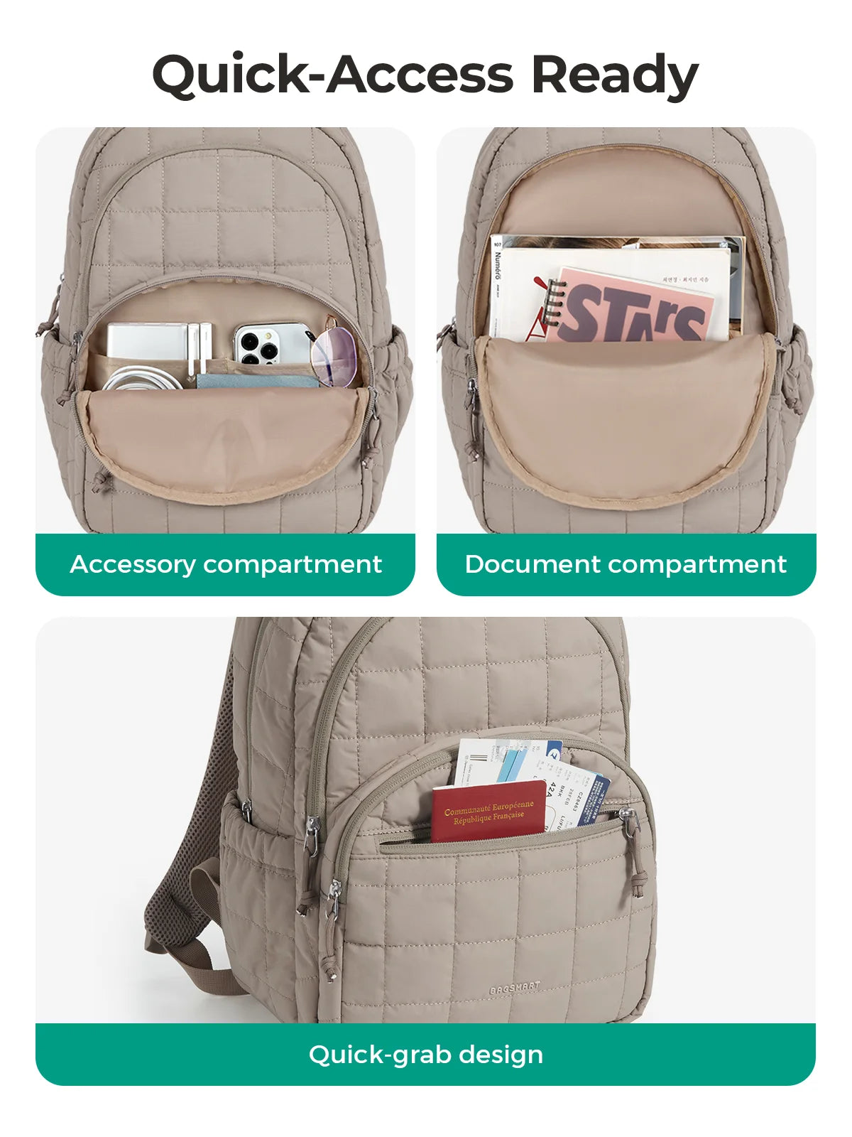 A beige quilted backpack showing accessory and document compartments, featuring a quick-grab design.