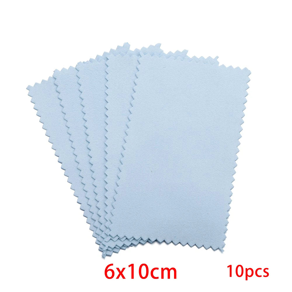 A stack of ten light blue polishing cloths, measuring 6x10cm each.